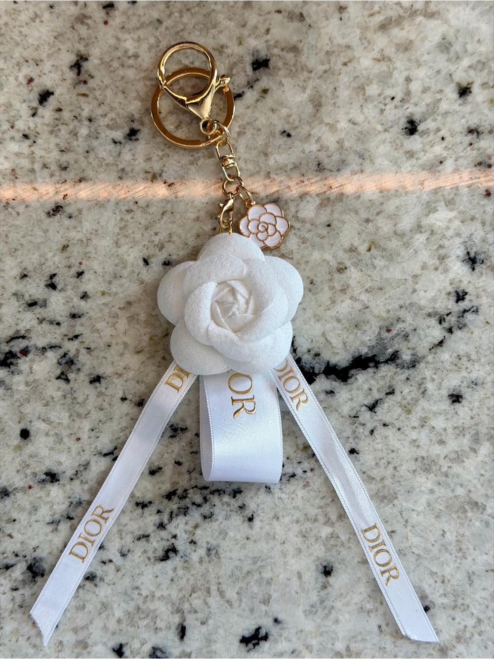 Handmade White Camellia and Authentic Ribbon Keychain with Gold Hardware